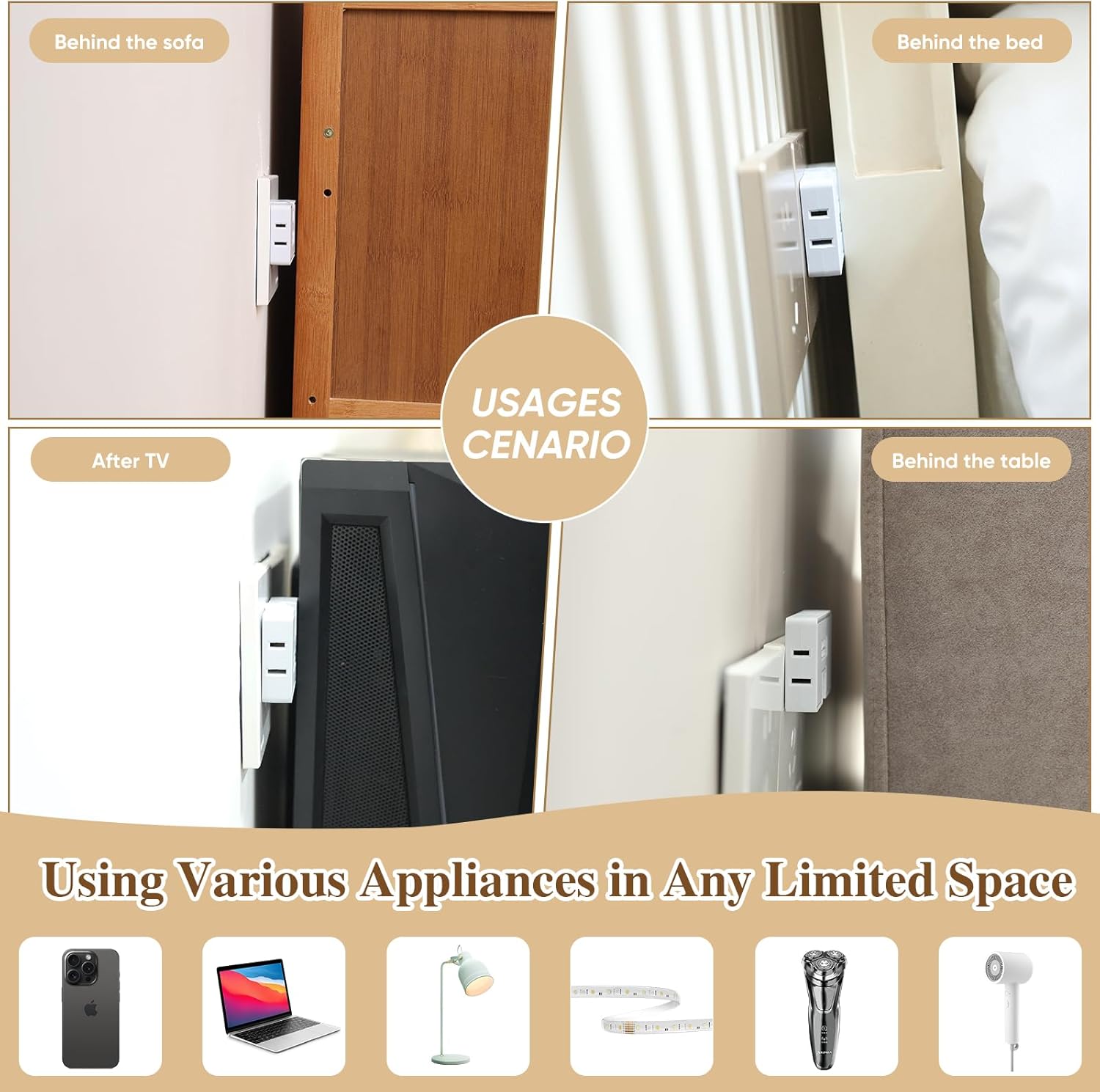 3 Way Flat Wall Outlet Extender Adapter- 2 Pack 180 Degrees Rotatable Flat Plug AC Adapter, 2 Prong Foldable Swivel Outlet Extender, Outlet Splitter for Behind Furniture (White, Type A) thumbnail