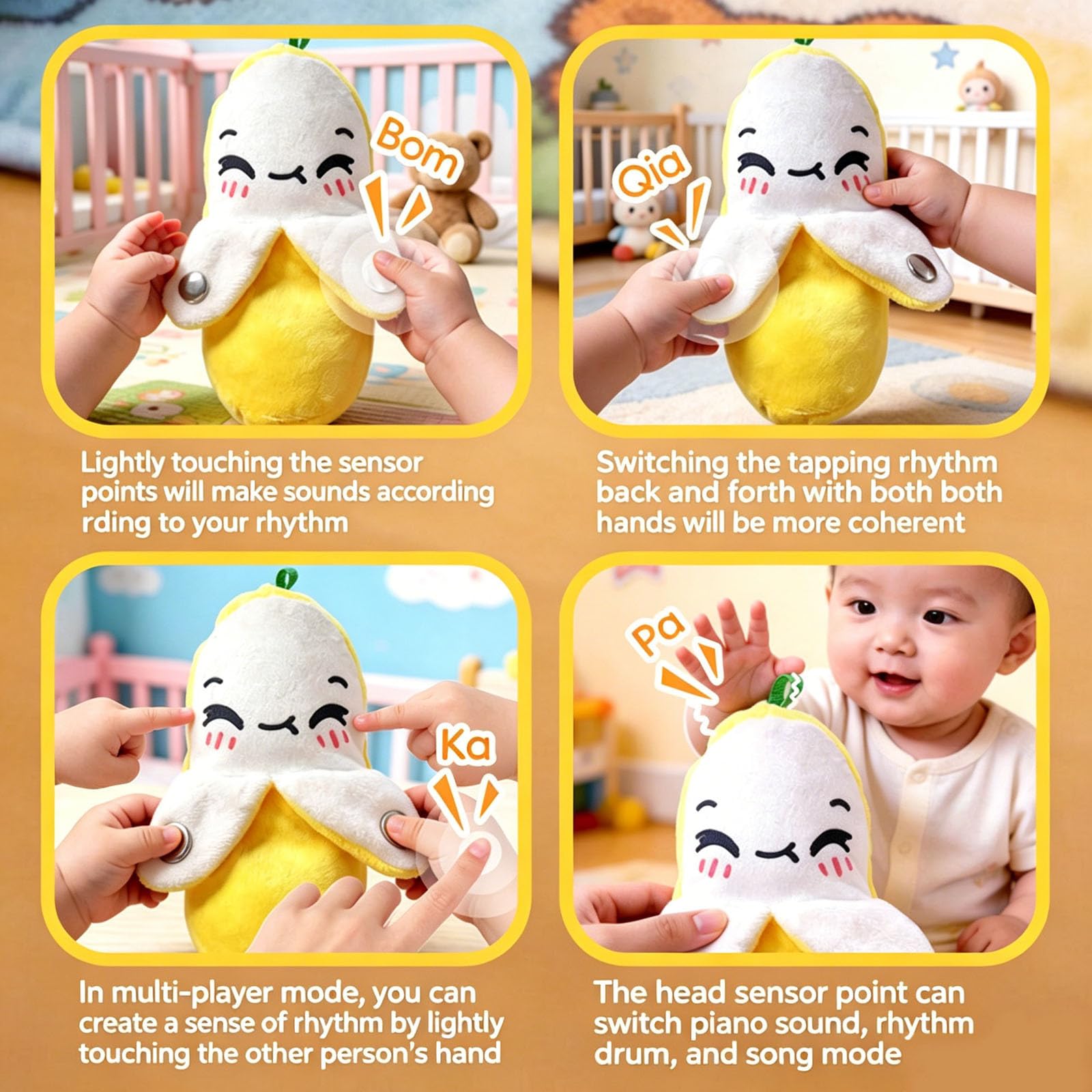 Interactive Musical Plush Toy with Sounds, Touch-Sensor Soft Interactive Figure, Fun & Playful Sound-Activated Toys for Kids, Touch-Sensitive Banana Plush Toy for Parent-Child Play