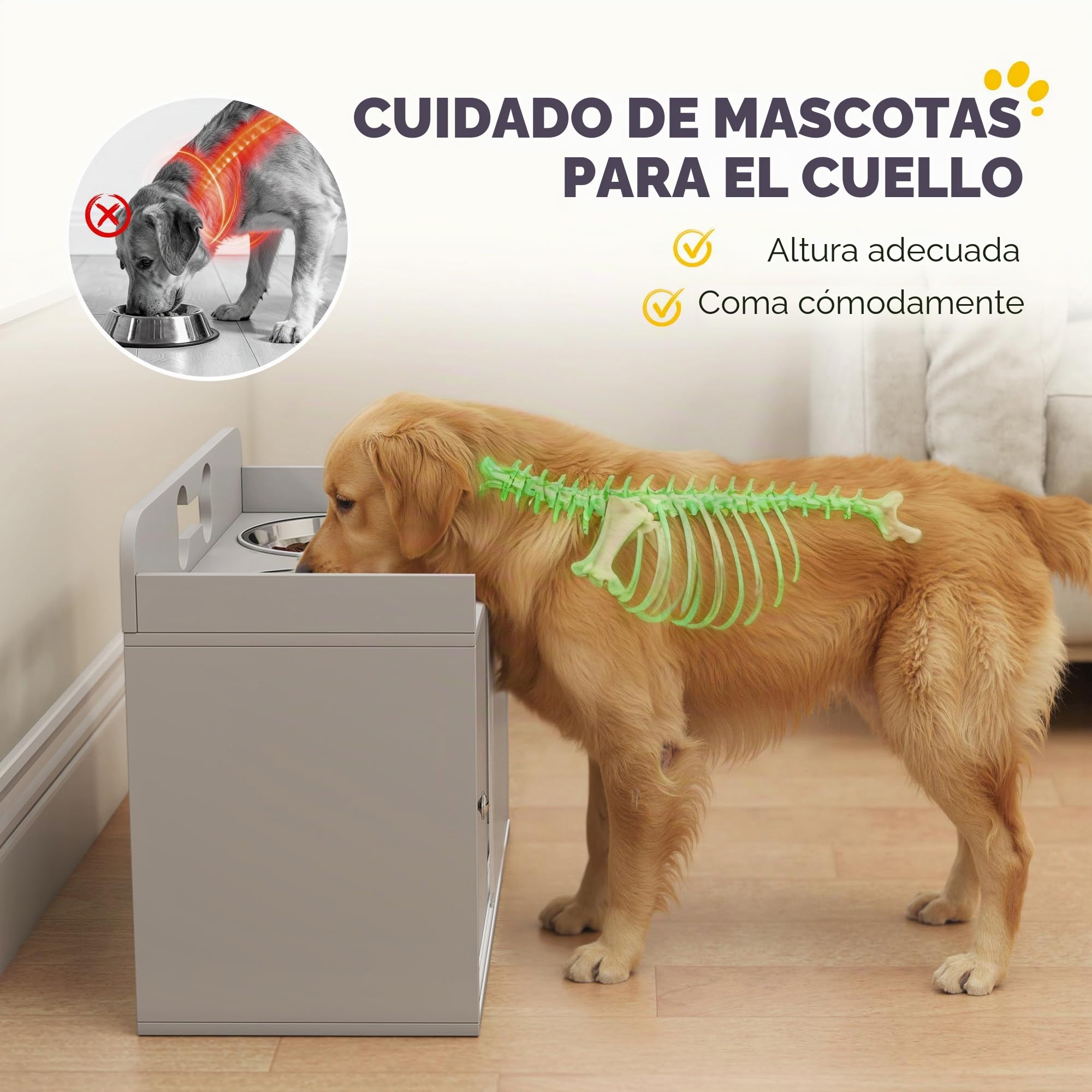 PawHut Comedero Elevado para Perros con Armario de Almacenamiento de 50 l, 2 Cuencos de Acero Inoxidable con Anillos Antideslizantes, Puertas correderas, comedero con comedero Lento para Perros