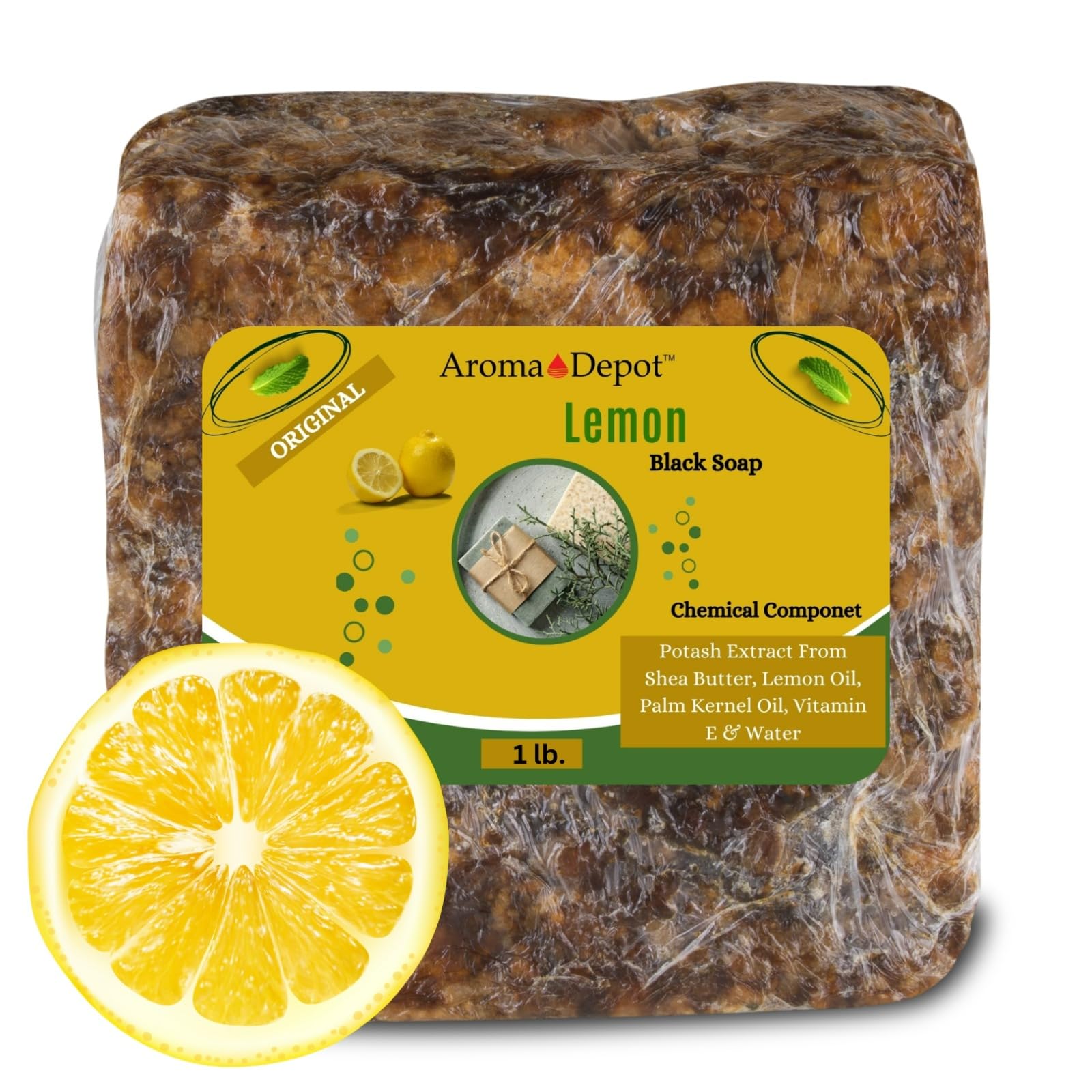 Aroma Depot Lemon Raw African Black Soap 1 lb / 16 oz 100% Natural soap for Acne, Eczema, Psoriasis, Scar Removal Face And Body Wash. Handmade