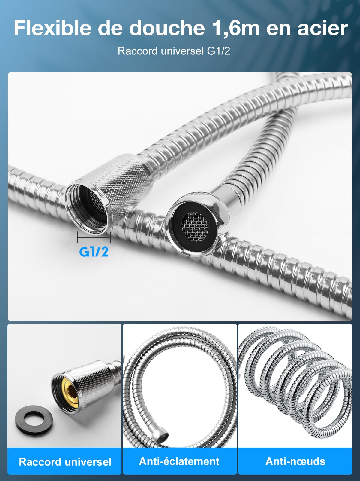 YEAUPE PRO - Soffione Doccia a Pioggia a 6 Tipi di Getto, Soffione Doccia con Tubo da 1,6M, Doccetta con Funzione Anticalcare Grande (Diametro 130 mm)