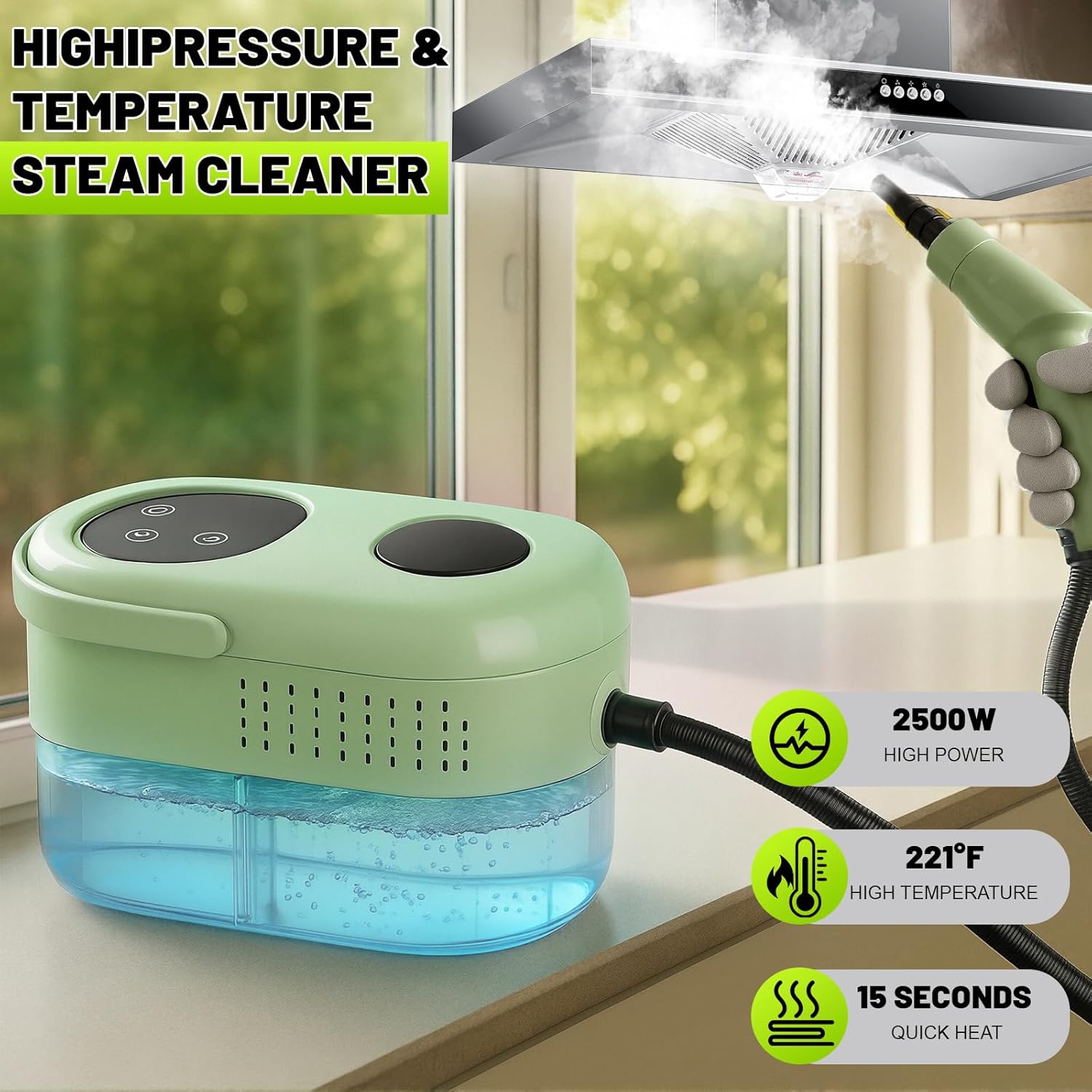 2500W Handheld Steam Cleaner, 15s Fast Heat-Up & 34oz Tank, 6-Level Adjustable Steam Control, Touch Screen Portable Steamer for Bathroom, Car, Tile, Floor, Kitchen, Home Cleaning - Image 2
