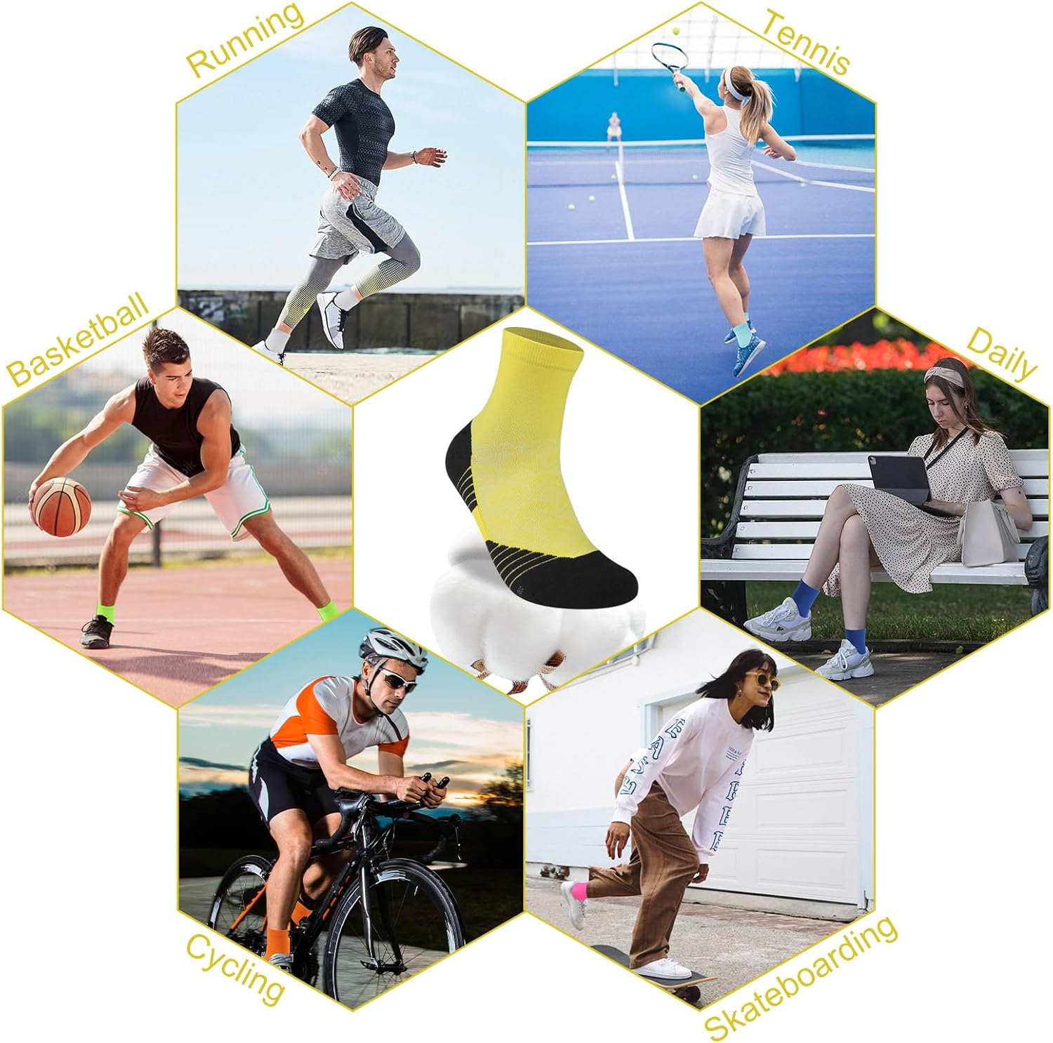 NIcool Cycling Socks For Men, 1/3 Pairs Bright Seamless Compression Running Crew Socks Youth Cushioned Tennis Quarter Socks - Image 6