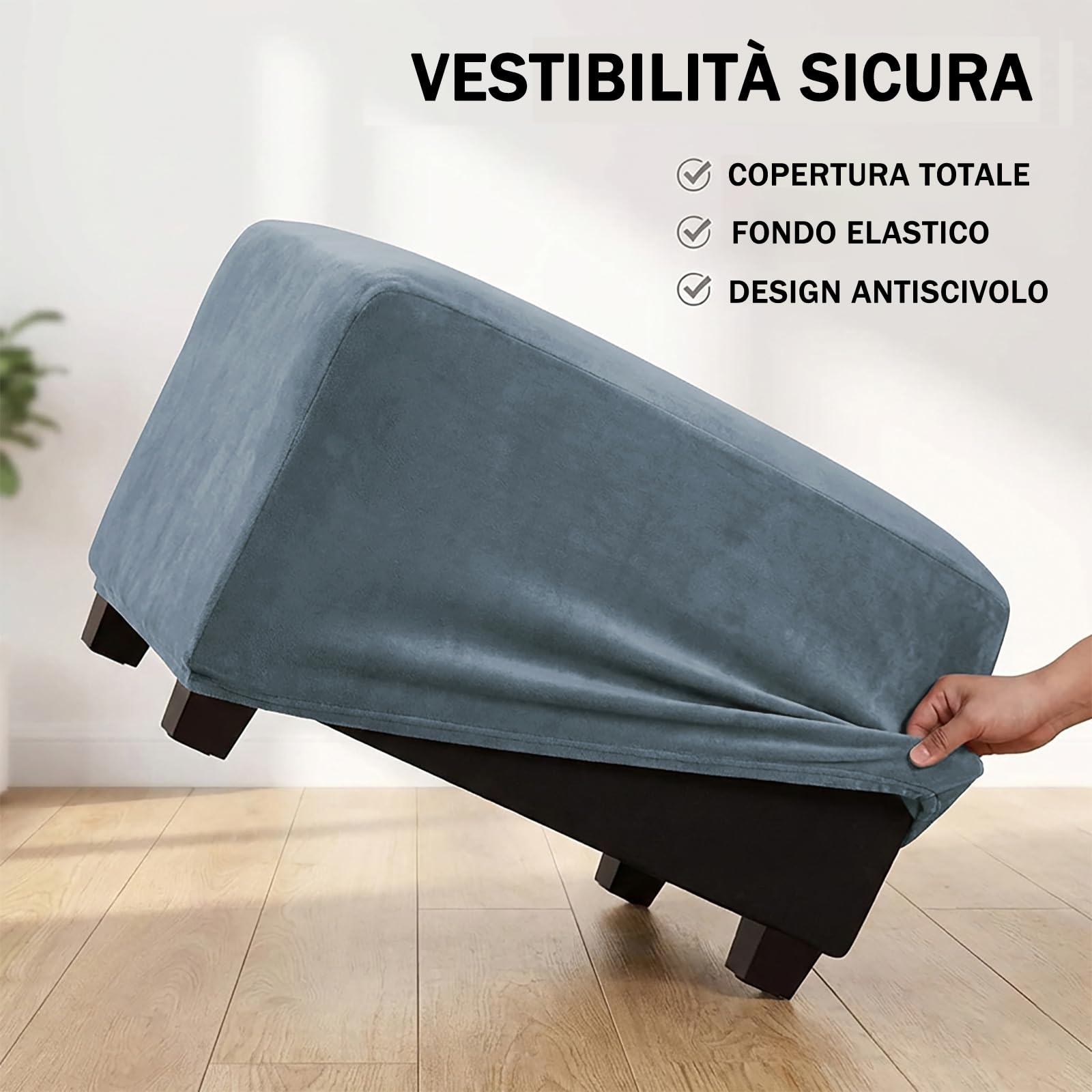 Copri Pouf Rettangolare, Elasticizzato Copri Poggiapiedi Velluto Copertura Dell'Ottomano Rimovibile Antiscivolo Copri Ottomano Con Fondo Elastico-blu grigio-Large