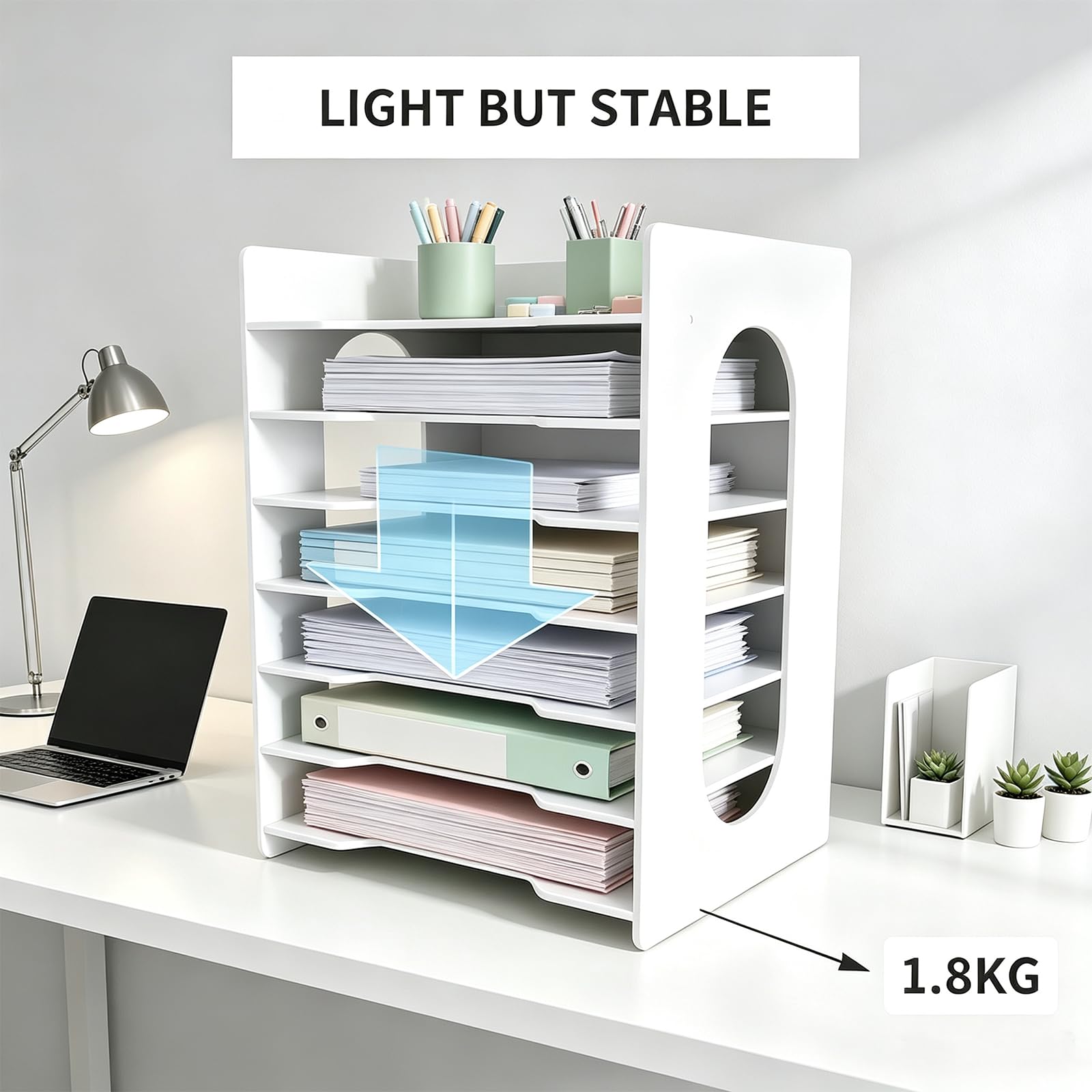 Briefablage mit 7 Ebenen, Büro-Ablage, Briefablage aus Holz, 4 Papierablagen, Dokumentenregal mit Stifthalter für Zuhause, Büro, Schule, Klassenzimmer (weiß)