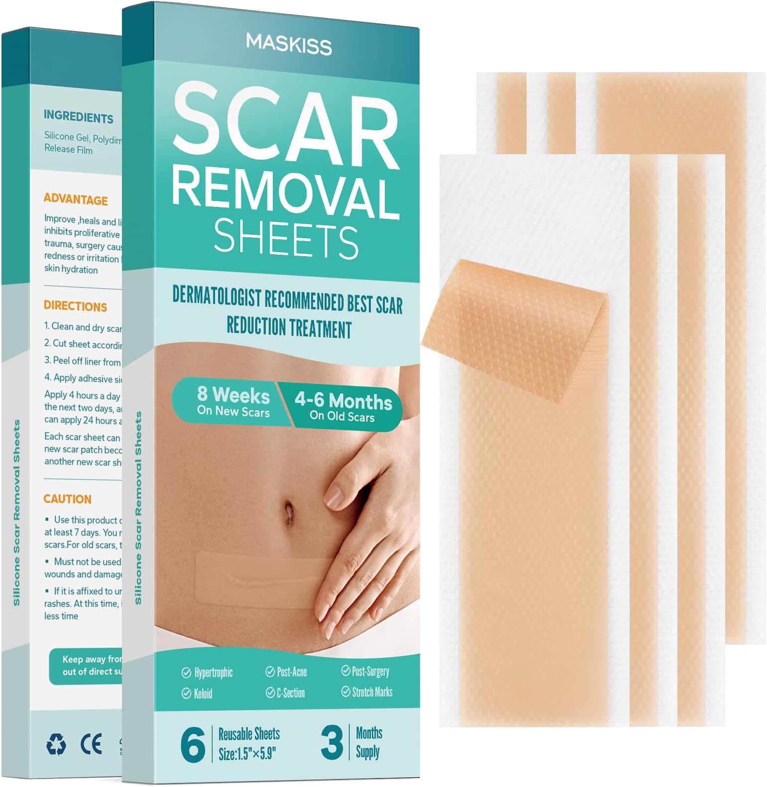 6-Pack Silicone Scar Sheets (1.57 * 5.9 Inches), Maskiss Silicone Scar Removal Sheets, Ideal Scar Treatment for Surgical, Keloid, Burns, C-Section, Trauma, Silicone Sheets for Scars Reusable