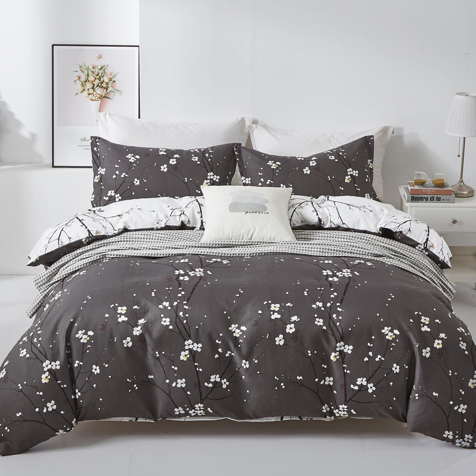 WONGS BEDDING Floral Duvet Cover Set Twin, 2 Pieces Reversible Flower Plum Blossom Printed Bedding Set with 1 Pillowcases,Branch Duvet Cover Set Queen Size 68"X86"(Not Comforter)