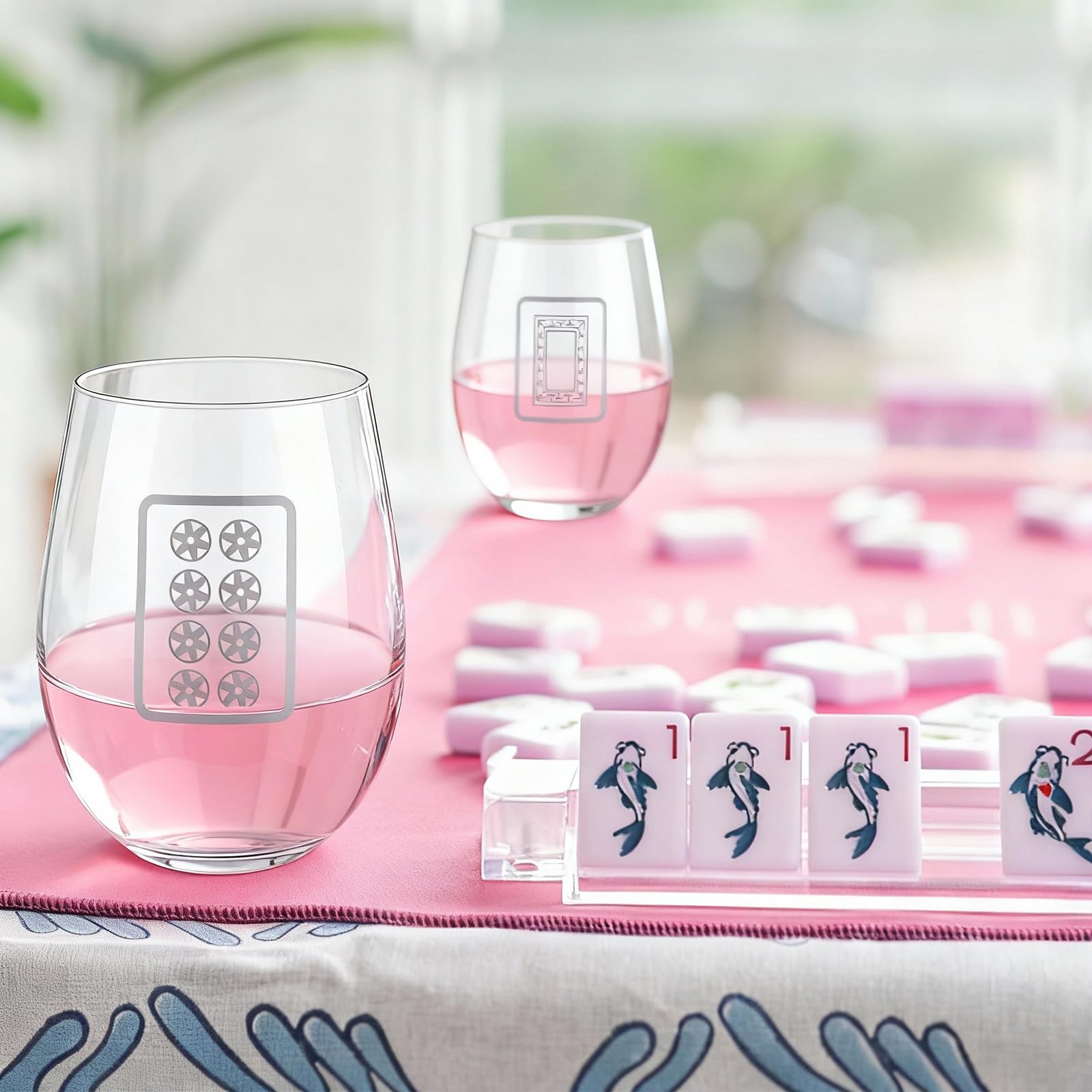 LemonRoad 4 Pcs Mahjong Wine Glasses Funny Mah Jong Party Supplies for Night, Gifts for Mahjong Lovers, Birthday Party Decorations & Family Play Day (Stemless Glass,17 oz)