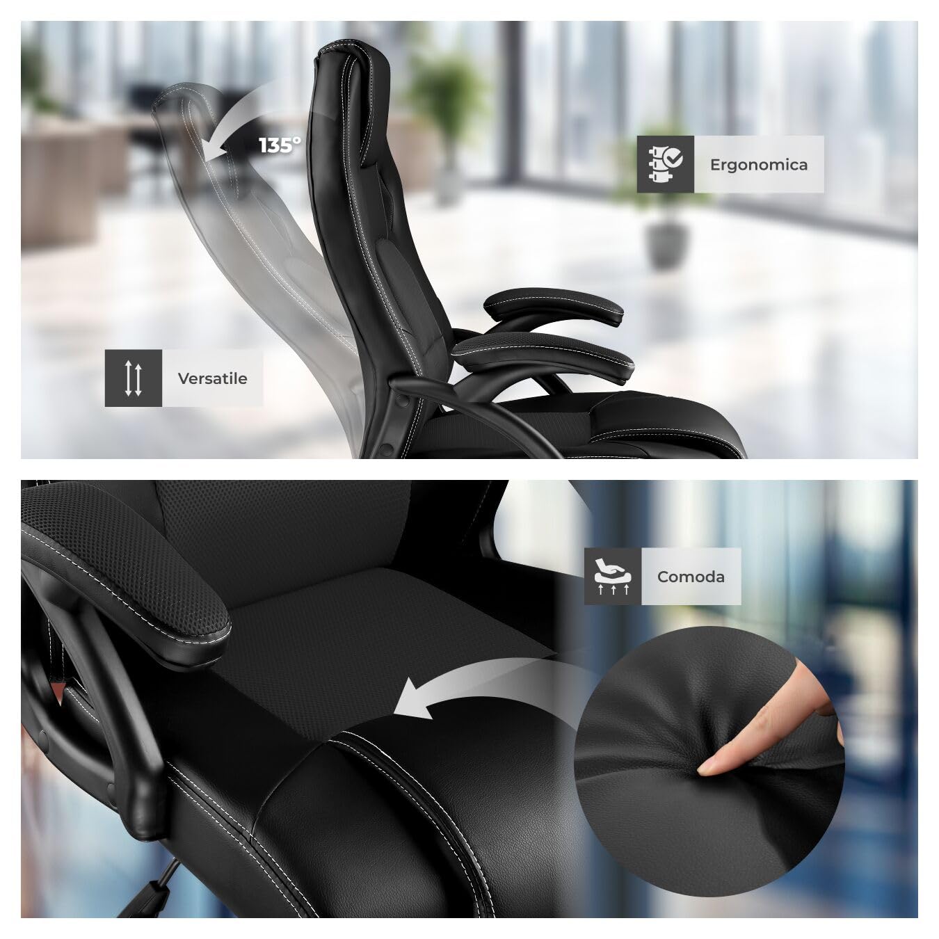 tectake® Sedia Ergonomica da Ufficio, Sedia Gaming con Ruote per Scrivania con Base Robusta e con Imbottitura Spessa, Poltrona Gaming, Adattamento Ottimale - Nero