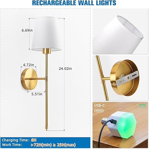 Miniatura 7 de NIORSUN - Juego de 2 lámparas de pared que funcionan con baterías recargables de 5200 mAh, focos desmontables y regulables, control remoto, 10
