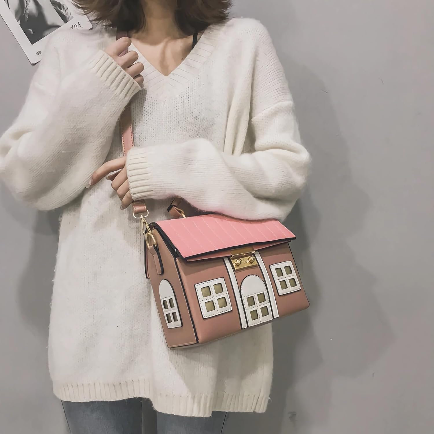 Pink House Shaped Faux Leather Crossbody Shoulder Bag