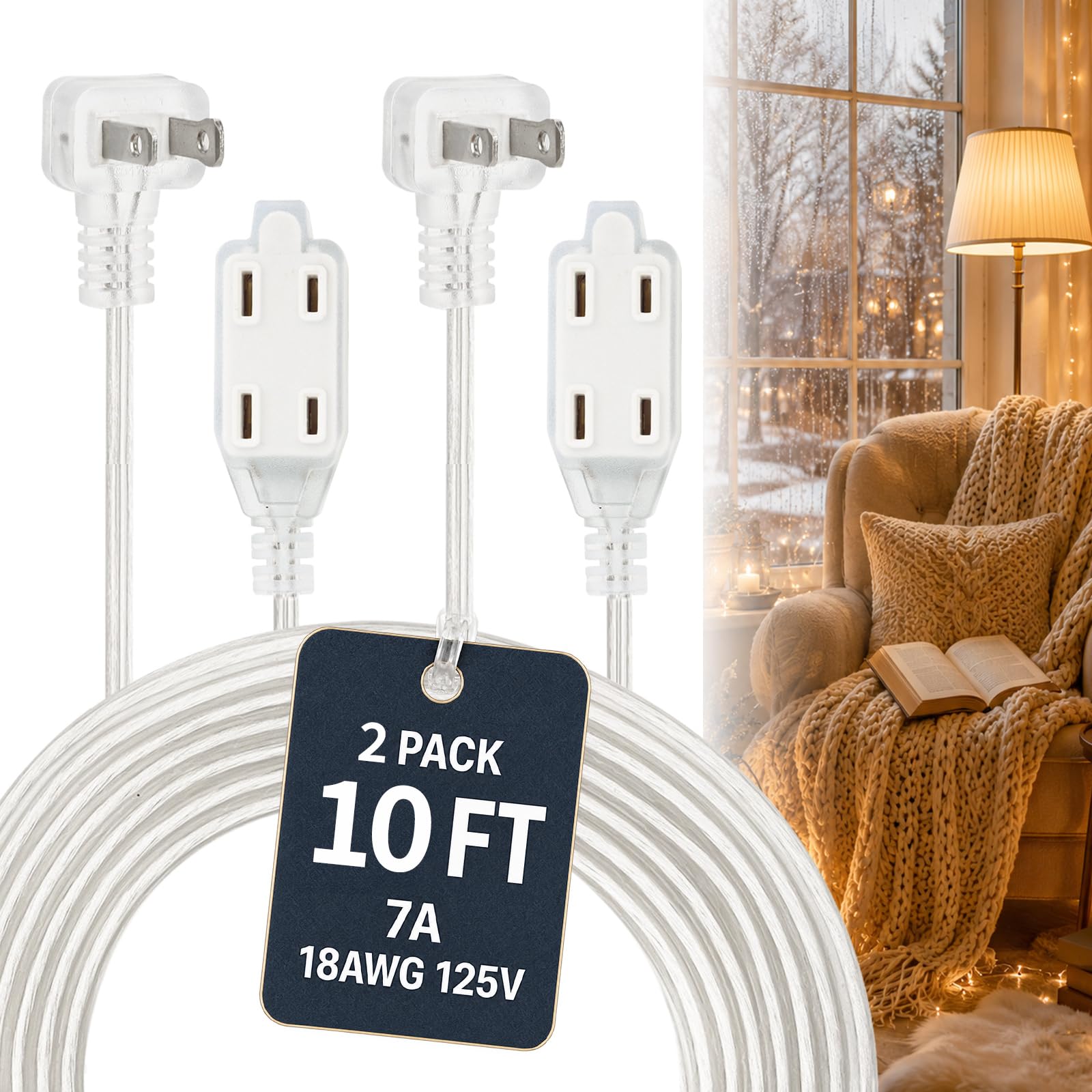 Clear Extension Cord 10FT, 3 Outlets, 0.6-Inch Flat Plug, 2 Pack