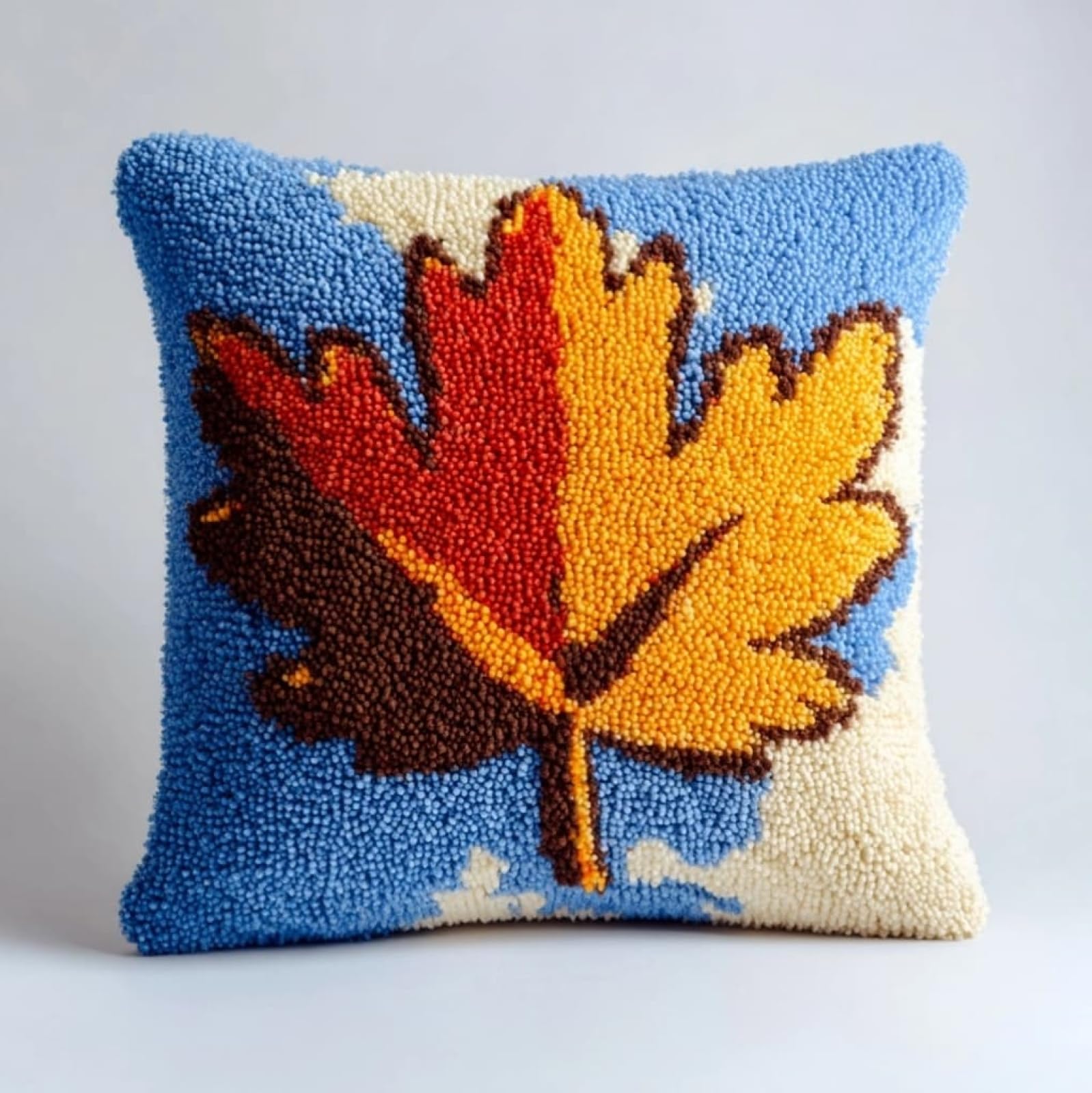 AxiangziK Latch Hook Kit for Adults 43x43cm,Maple Leaves DIY Pillow & Rug Craft Kit for Beginners,Handmade Yarn Art,Relaxing Home Sofa Decor Gift,17x17in