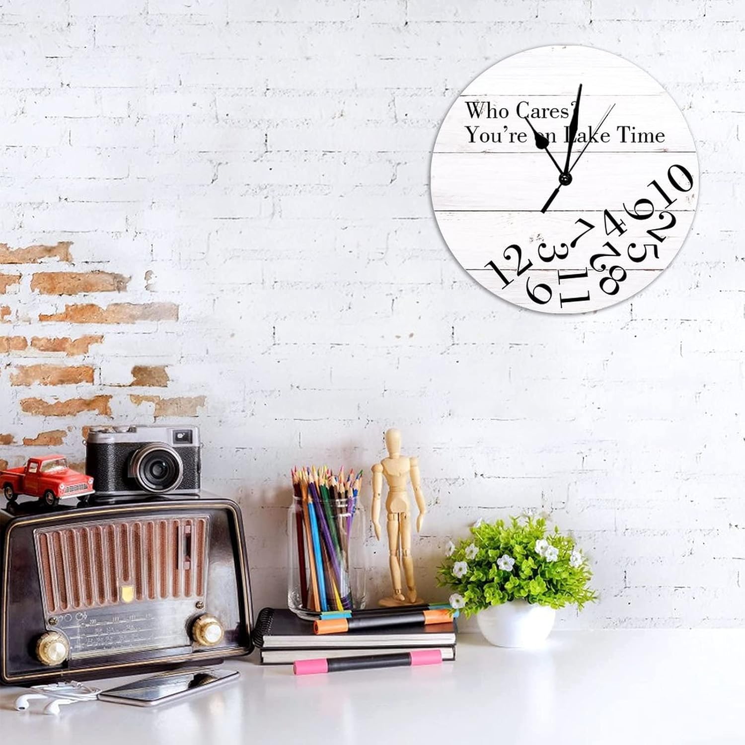 White Rustic Wood Grain Cracks Clock Who Cares You're on Lake Time Large Wall Clocks Battery Operated 12 Inch Silent Funny Retired Gifts Rustic Home Decor for Kitchen Bedroom Living Room Office