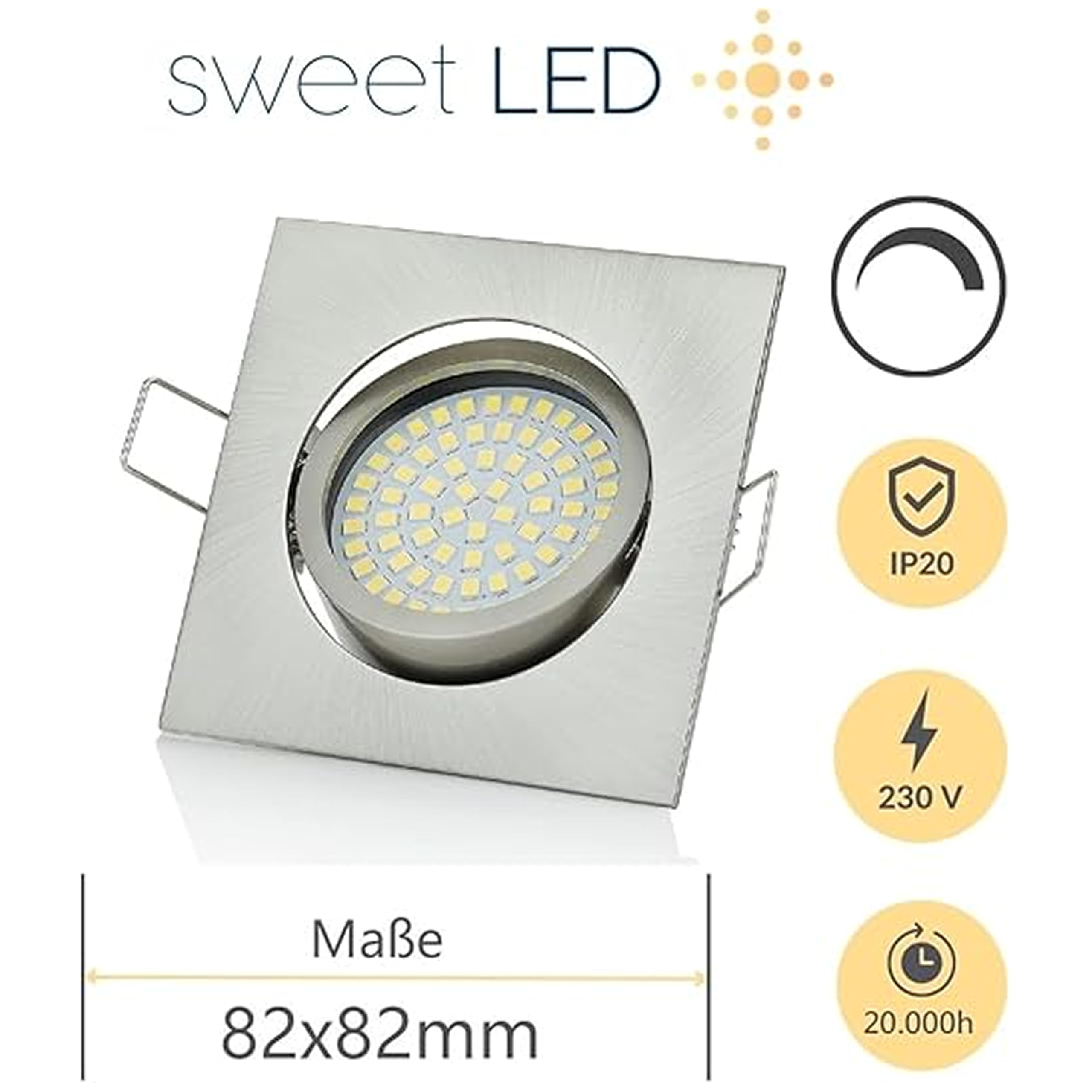 Sweet-led®, set di 6 faretti LED regolabili da incasso, 230 V, 5 W, orientabili, rotondi, cromo spazzolato, 400 lumen, 3000 K, a luce bianca calda moderno Eckig, Chrom Gebürstet, Kaltweiß