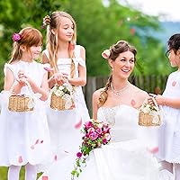 Vista 5 de Thyle 4 cestas para niña de las flores con asa, 7.87 x 4.33 pulgadas, ratán de mimbre, ligeras, marrón (hilo de cola de pez, perlas)