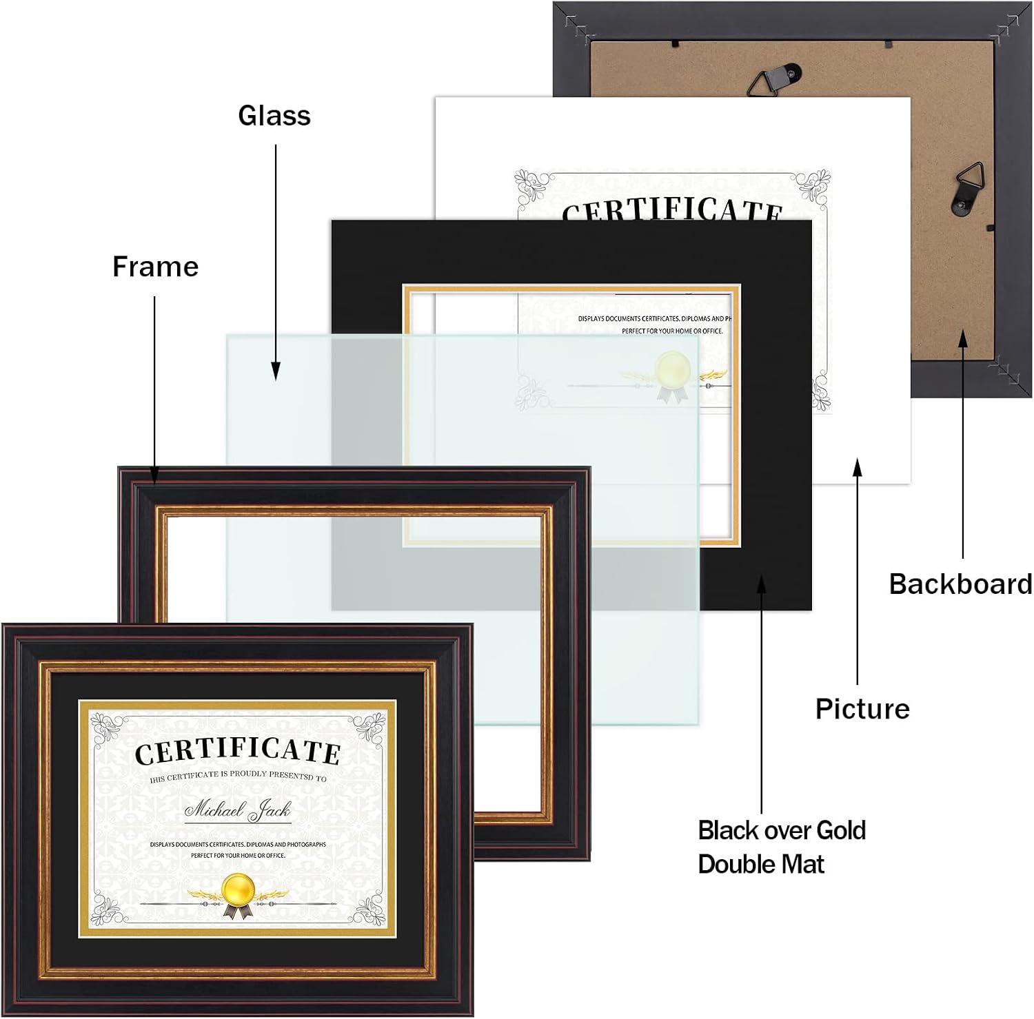 Frametory 6x8 Diploma Frame Black & Gold Mat/8x10 Without Mat Real Glass