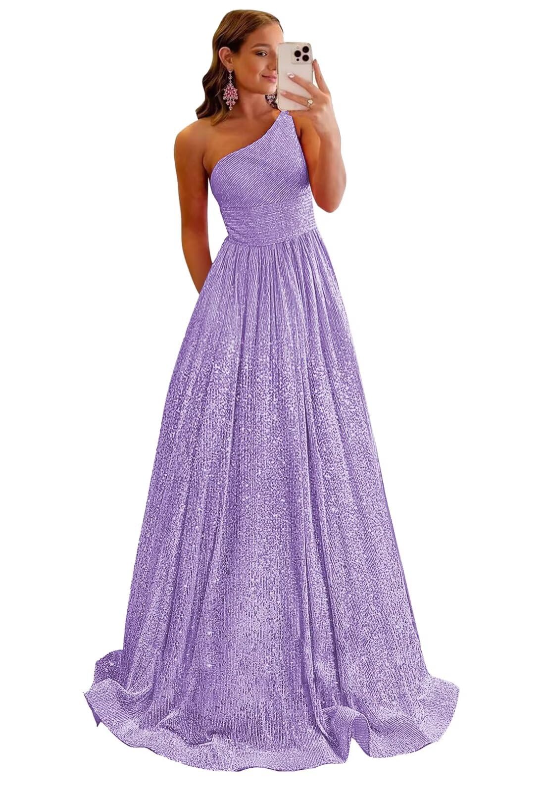 VCCICANY Sequin Prom Dresses for Women Sparkly One Shoulder Long Formal Evening Dresses Ball Gowns with Pockets