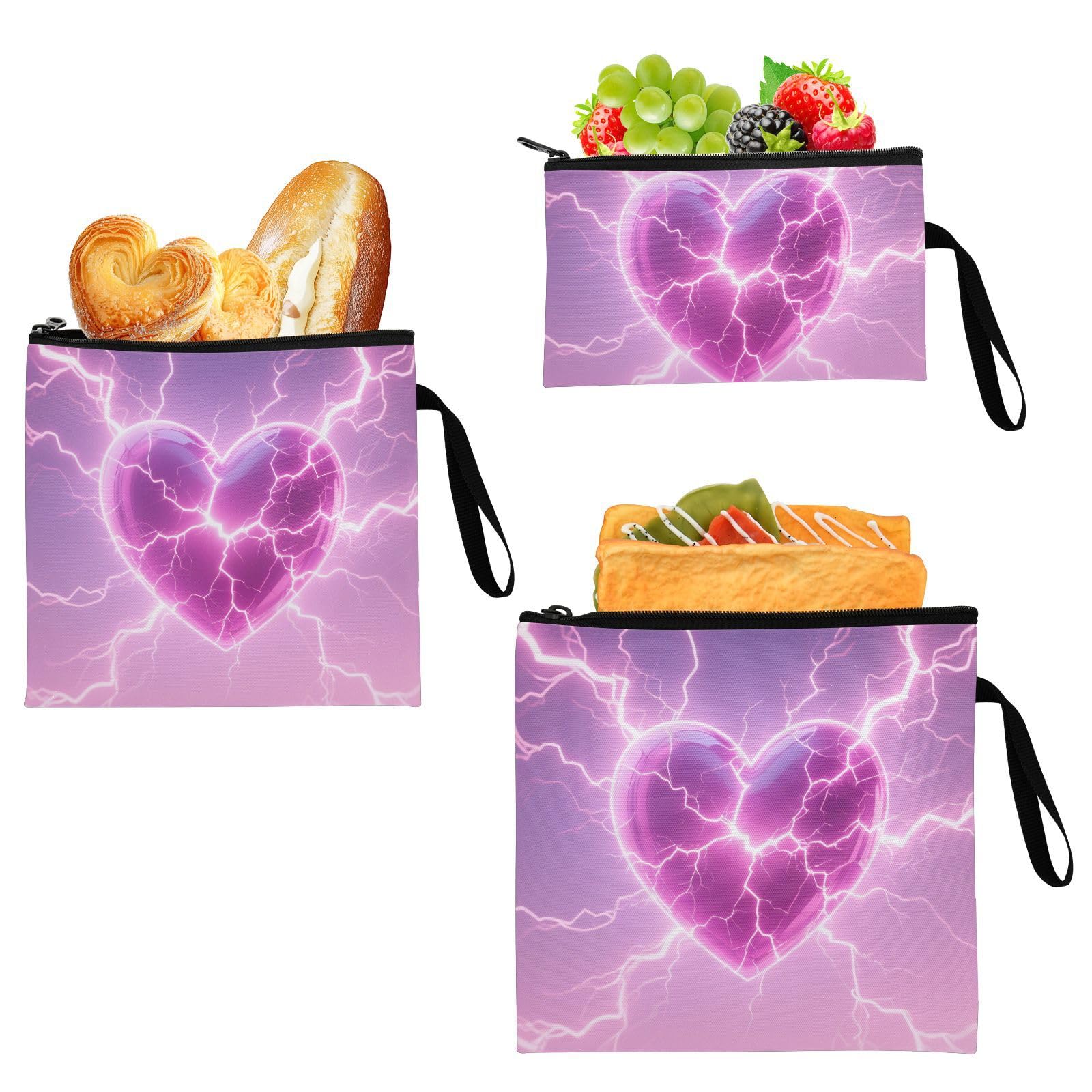 Yoogain Shine Light Heart Purple 3 Piecing Reusable Zipper Snack Bag Portable Diaper Bag Organization for Work Office Travel Picnic