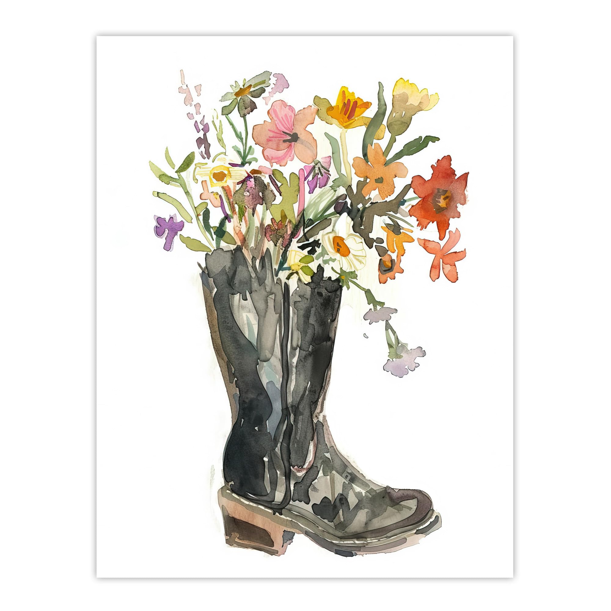Artery8 Wildflower Bouquet Heeled Army Boot Watercolour Living Room Extra Large XL Wall Art Poster Print