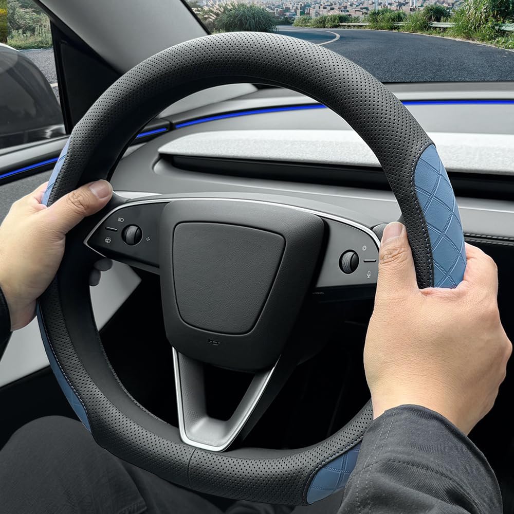 LKWLIKEI Leather Steering Wheel Cover. Elegant Diamond Checkered Design, Non-Slip and Breathable, for Tesla Model 3/Y Steering Wheel Protector,Black Blue
