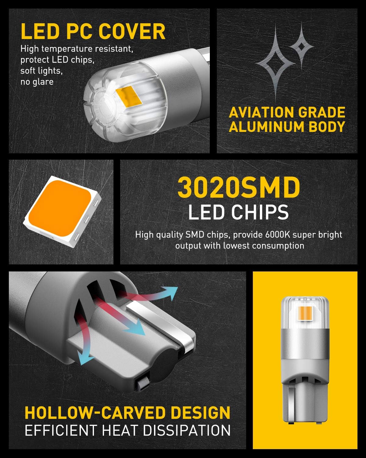 AUXITO 194 LED Bulbs Amber Yellow, Super Bright Unique 1:1 Design, 168 175 2825 W5W T10 Car Bulbs for Dome Map Door Courtesy License Plate Lights Parking Side Marker Tail Lights (Pack of 2)