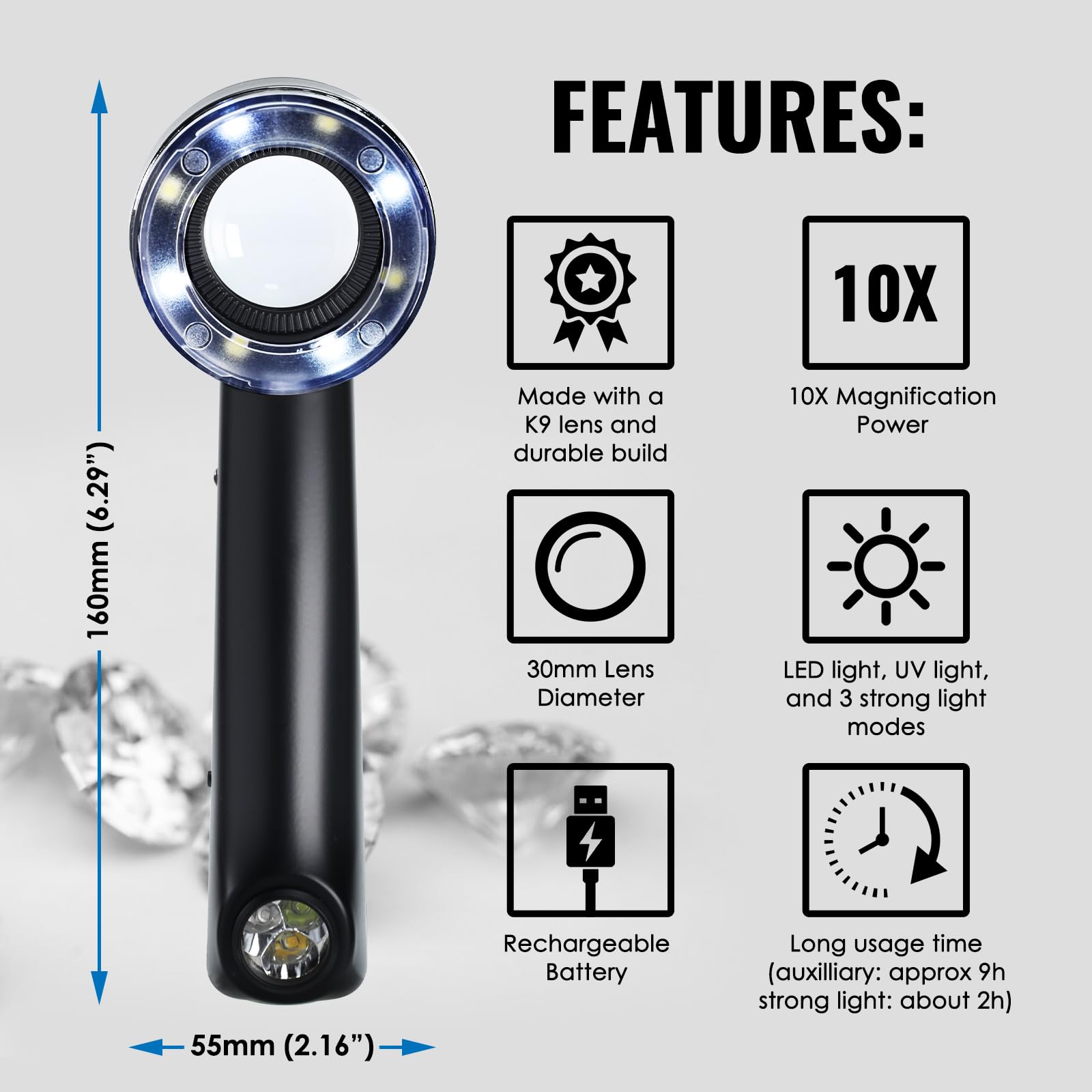 10 lupas de joyería con luz LED/UV, lupa recargable USB-C con cristal óptico K9, iluminación tricolor, escala extraíble, lupa profesional de joyería para monedas, sellos, electrónica