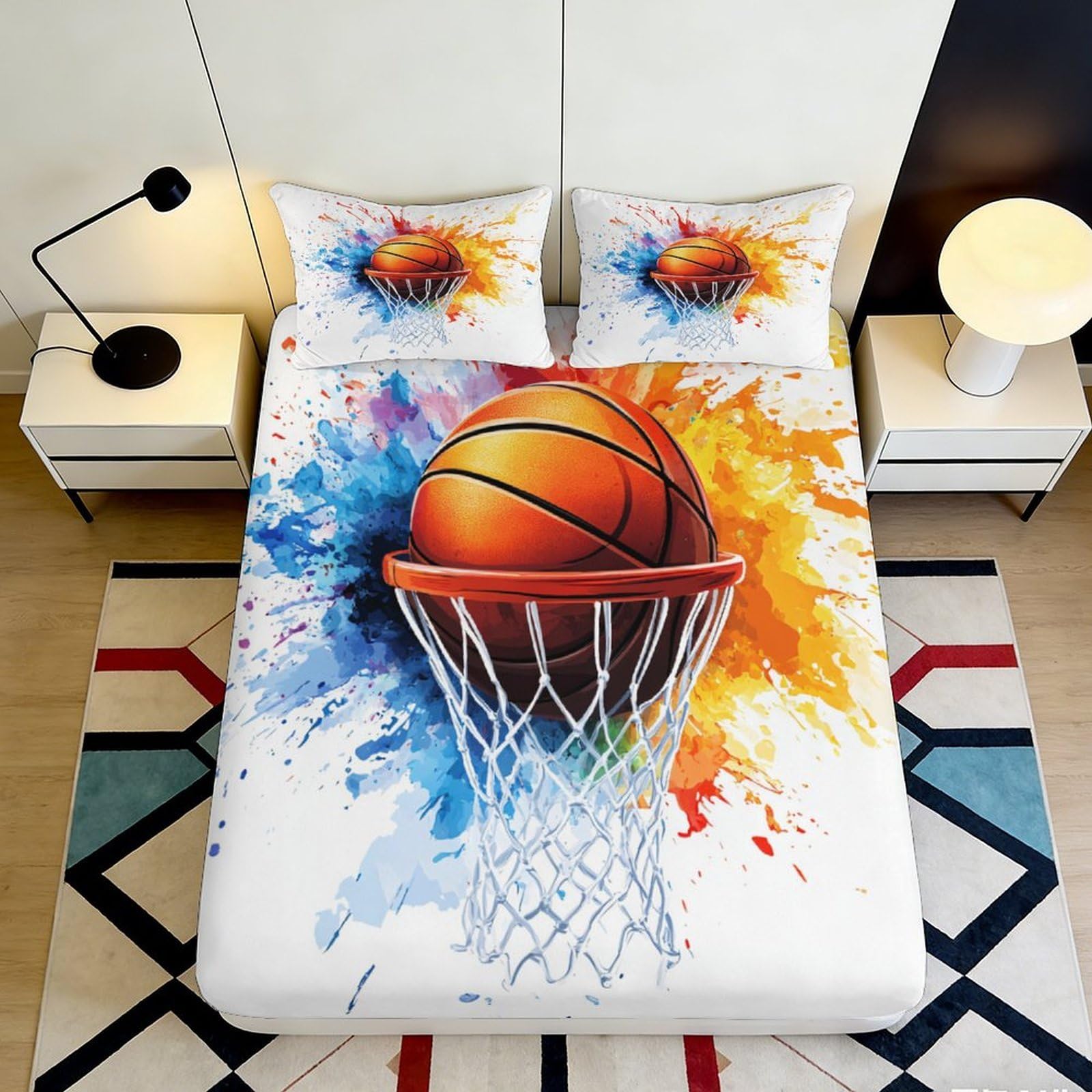 3D Printed Basketball Splash Fitted Sheet Microfiber Soft Colourful Net Mattress Cover for Bedroom Dorm Decor 160x200x25cm