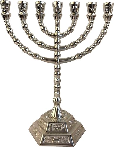Vista 10 de Menorá de velas judías Holy Land Market - 7 ramas - Menorá de 12 Tribus de Israel (plata, 12.7 centímetros)