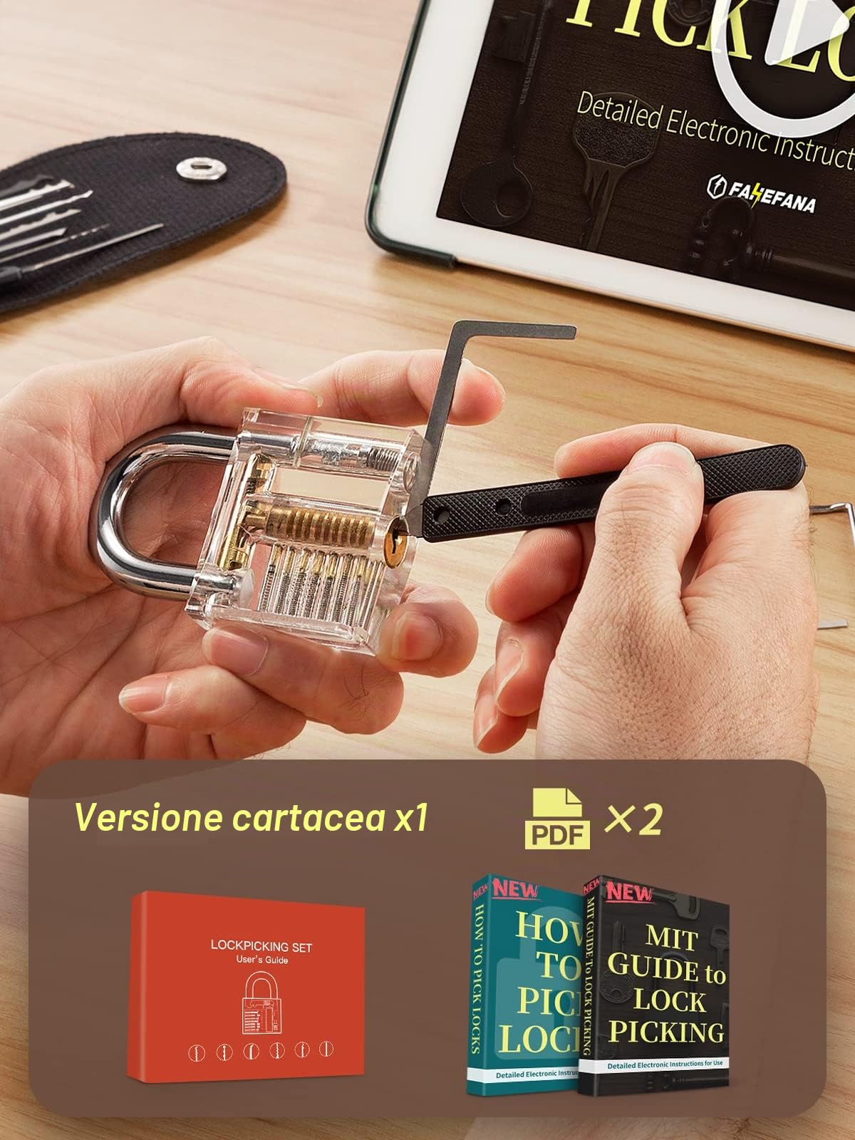 FAHEFANA 38 Pezzi Set Grimaldelli, [2022 Aggiornamento della Difficoltà] Set Fabbro con 4 Trasparente Serratura Lucchetto con Borsa e Istruzioni, Lockpicking Set per Fabbri Principianti ed Esperti