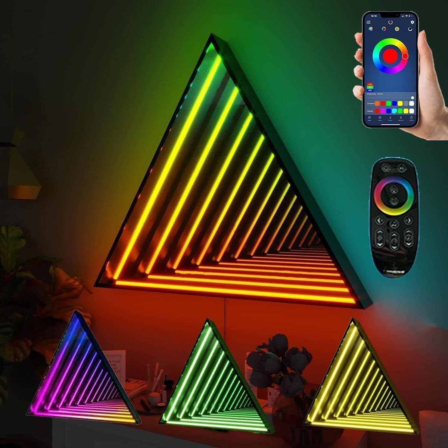 Zdalnie Sterowane Lustro Infinity, Neonowe światło LED 3D, Nocne światła Tunelowe, Zmieniające Kolor światło Tunelowe LED, Lampa Biurkowa Z Lustrem Tunelowym, Dekoracja Domu Na Imprezę,Triangle-70cm