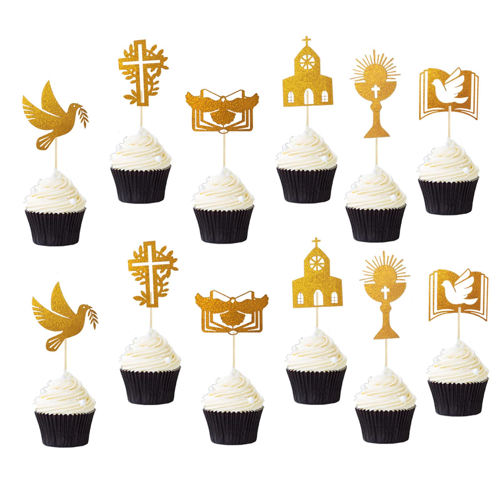 Holy Communion Decorations 24 Pieces, First Holy Communion Cake Topper Set with Cross Chalice Bible Dove, Gold Glitter Non-Edible Cardstock Cake Decorations for Dessert Table Party Supplies