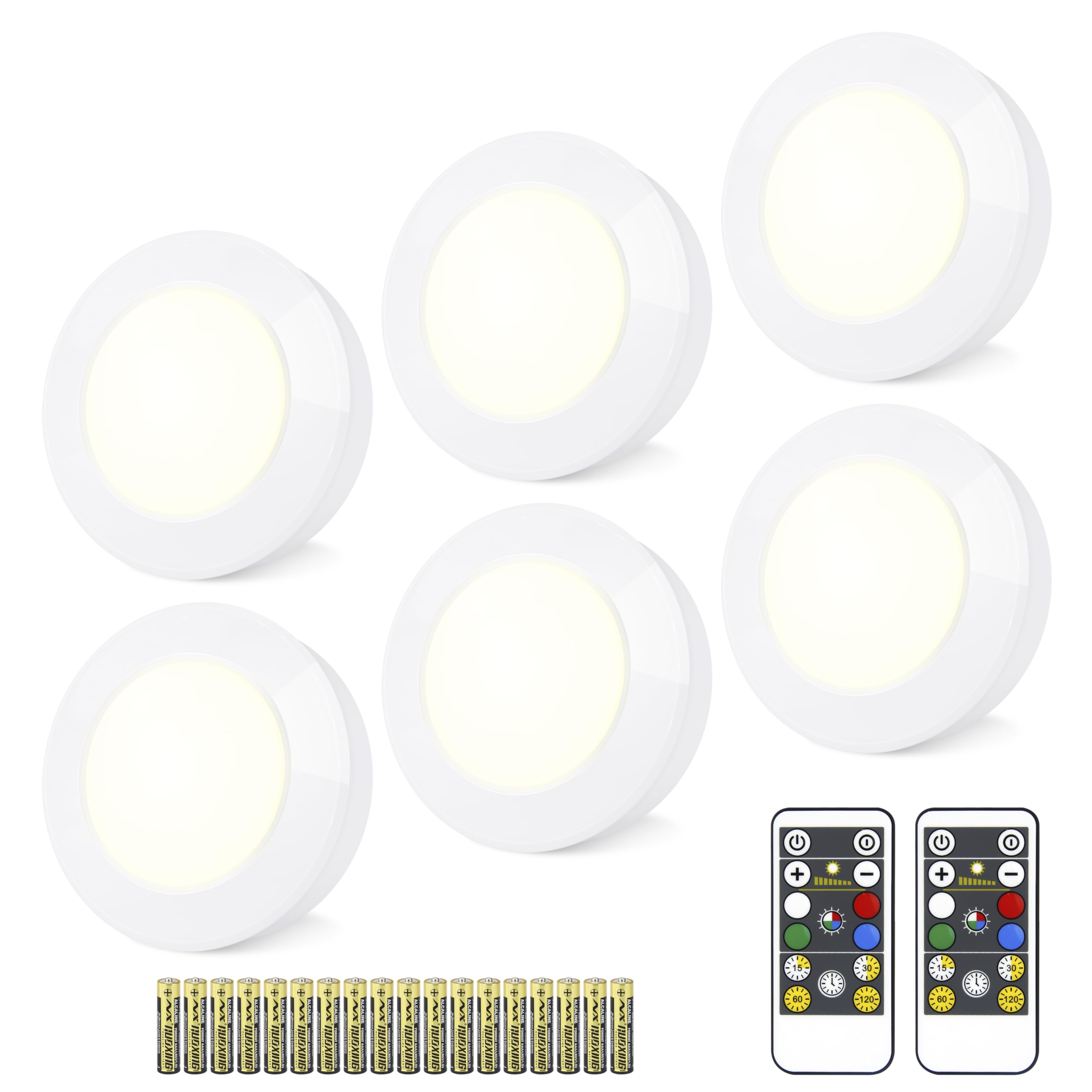 Wireless LED Puck Lights with Remote(6-Pack), Battery Operated Under Cabinet Lights,Color Changing Stick On Light,Dimmable Tap Light for Closet Kitchen Counter,Halloween Pumpkin Lights with Batteries