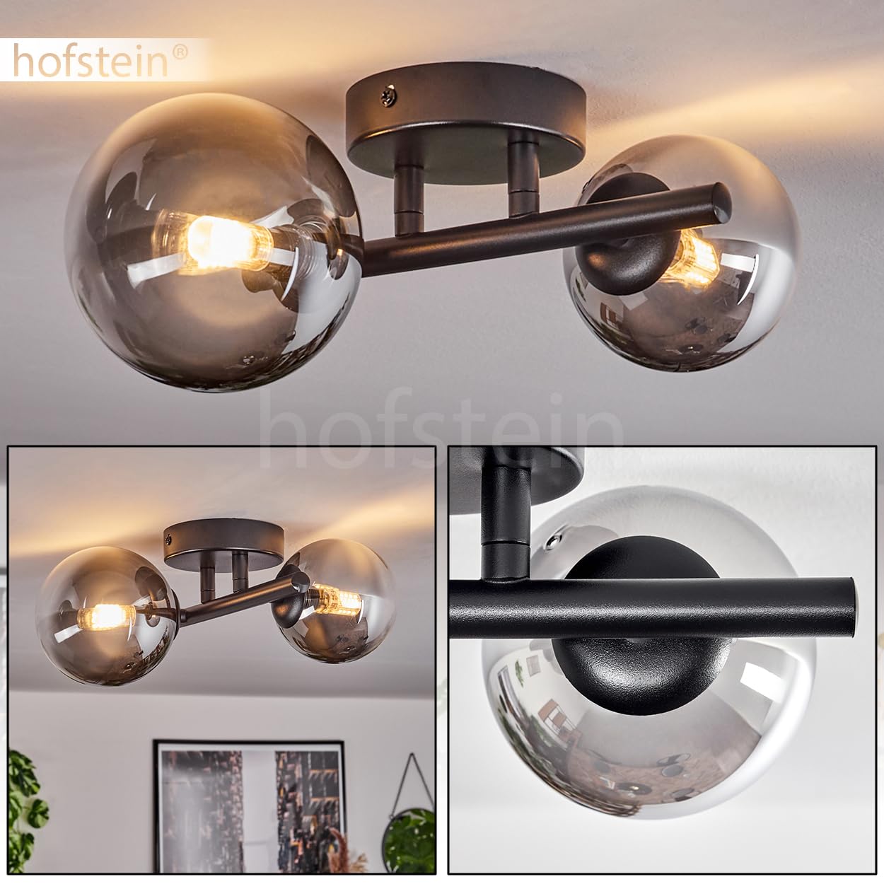 Lampadario Chehalis, lampada da soffitto in metallo/vetro in nero/fumé/chiaro, illuminazione dal design moderno retrò/vintage con paralume in vetro (Ø 10 cm, 12 cm), 2 x G9, senza lampadine