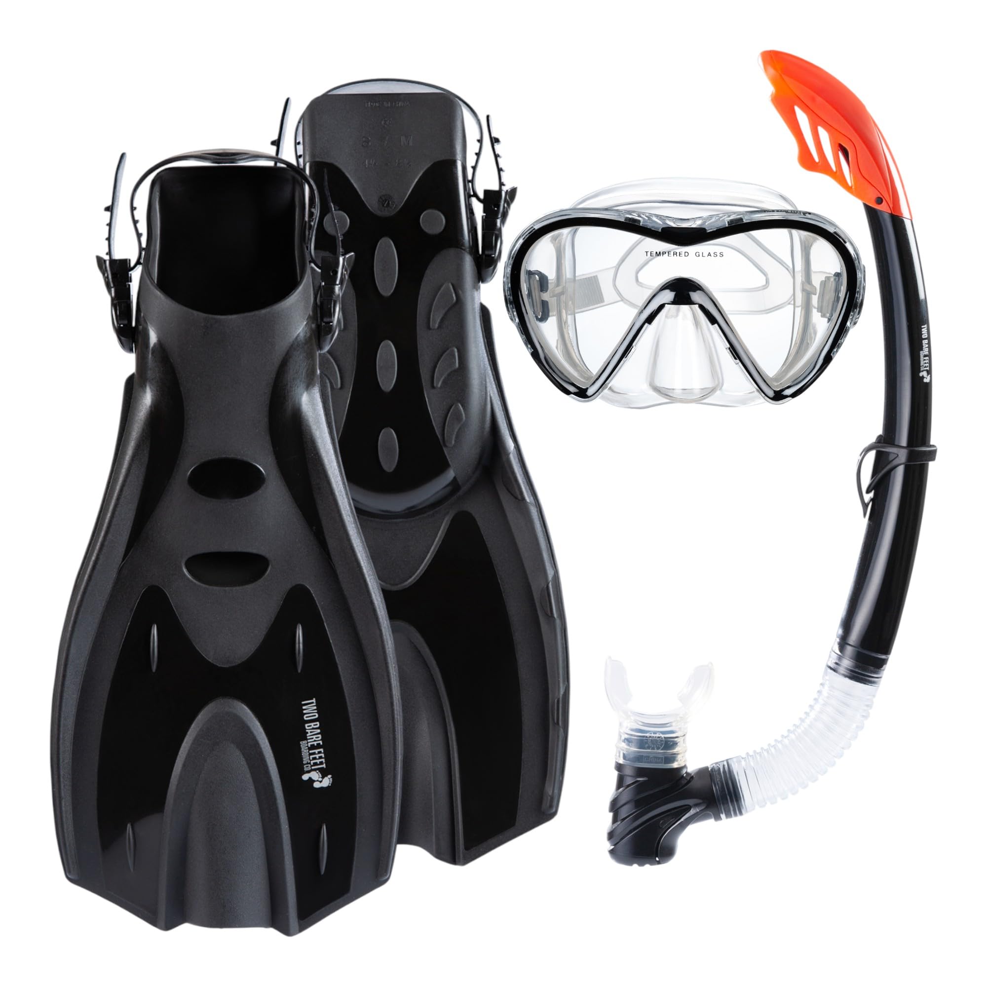 Two Bare Feet Adults 3 Piece Silicone Mask, Snorkel and Fins Diving Set, Anti Fog Anti Leak Snorkelling Set - Style 3 (Black, Standard Snorkel, SM UK4.5-8.5) โ image 1