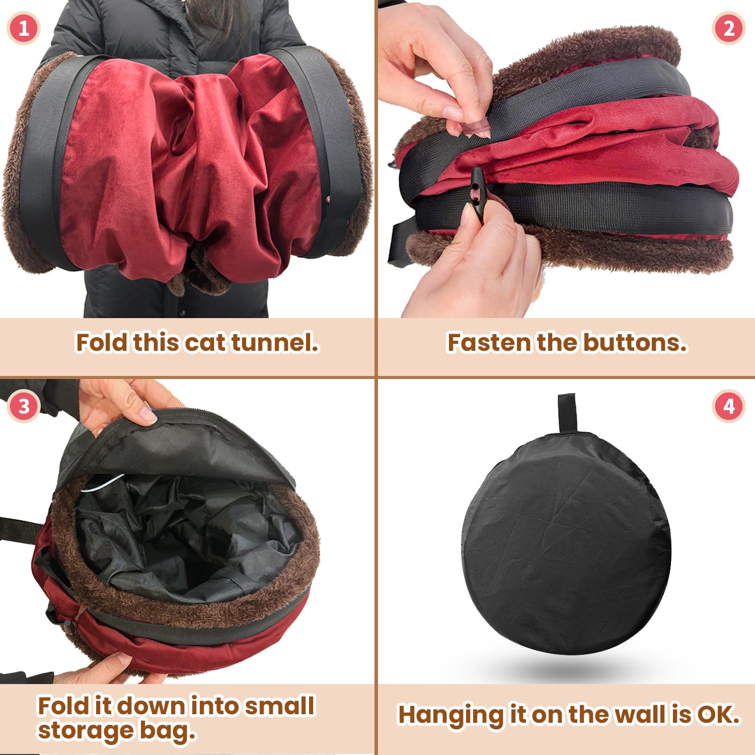 Cat Wall Shelves and Tunnel - Long Toys, Furniture, Hammock, Perches for Pet Play and Rest, Claret - Image 4