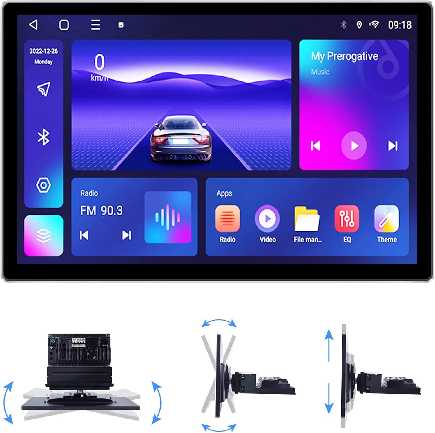 AINAVI 13.1 Inch Car Stereo main display showing home screen and diagrams of screen rotation.