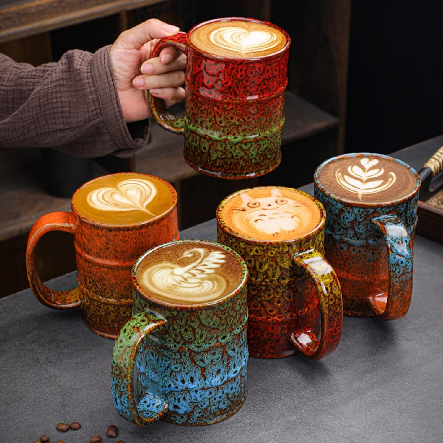 Tazza da caffè grande, 700 ml, tazza grande, in ceramica, con manico, tazza da caffè, ciotola per insalata con manico, tazza XXL per cappuccino, ciotola ramen (rosso
