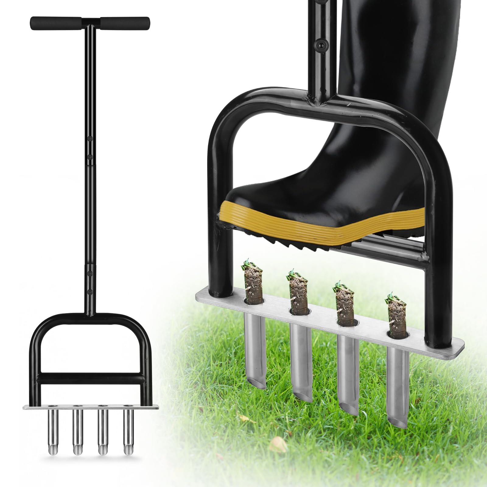 Aérateur de pelouse - 4 dents creuses pour une aération efficace - Aérateur manuel en acier robuste pour l'entretien de la pelouse/ameublissement du sol/entretien de l'herbe (argenté)