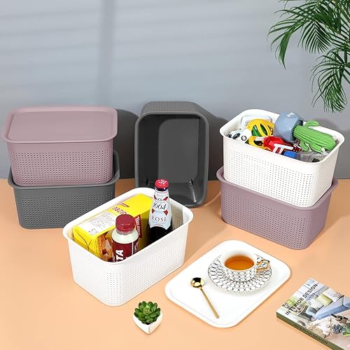 Miniatura 3 de AREYZIN Cestas de almacenamiento de plástico con tapa, contenedor organizador de punto con tapa para estantes, cajones, escritorio, armario, sala de