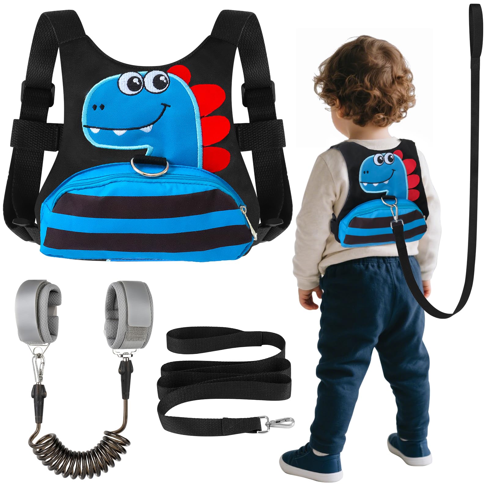Toddler Leash for Kids-Baby Child Harness with Anti Lost Wrist Link for Boys/Girls (Blue+Black)