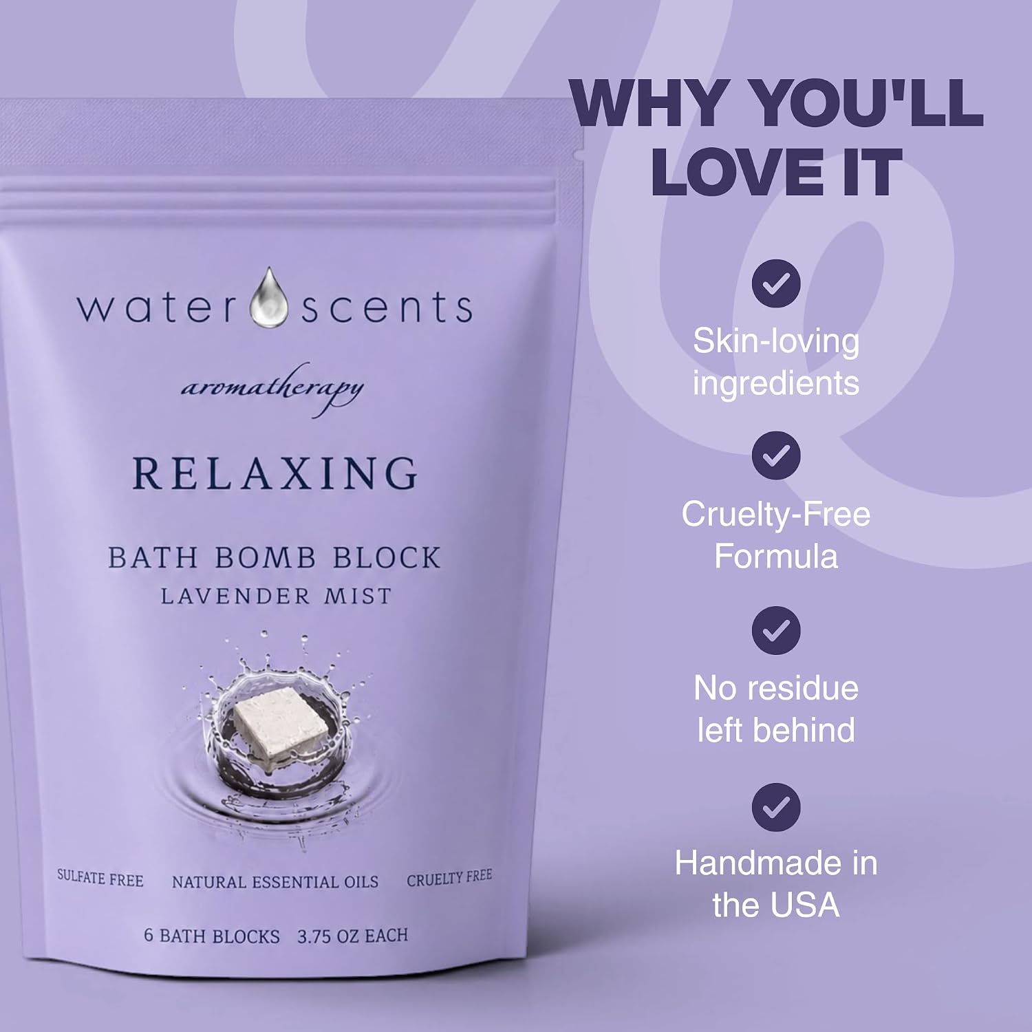 Water Scents Relaxing Lavender Mist Bath Bomb Block | Vegan, Cruelty-Free & Natural | Lavender Aromatherapy Bath Bomb for Stress Relief & Moisturizing | Handmade Spa Gift for Women, 3.5 oz (6counts)
