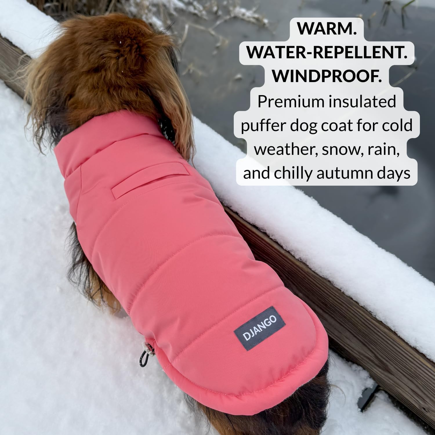 DJANGO Puffer Dog Coat – Warm Winter Dog Jacket & Water-Repellent Insulated Puffer Vest with Striped Lining, Harness Hole, Adjustable Fit for Small & Medium Dogs, Dachshunds – Rose Petal Pink, Medium