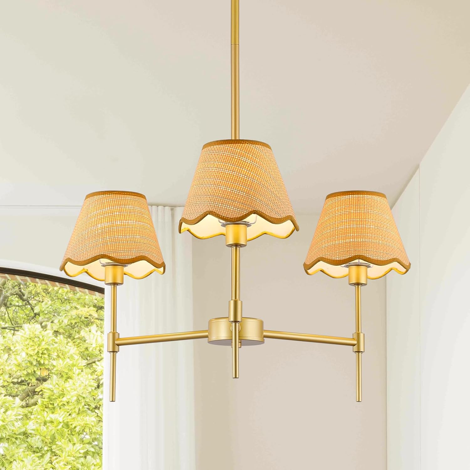 Gold Farmhouse Chandelier 3-Light Boho Pendant Lamp with Rattan Shade 26‘’ Rustic Chandelier Light Fixture with Height Adjustable Hanging Pole for Dining Room, Living Room, Bedroom, E12 Base