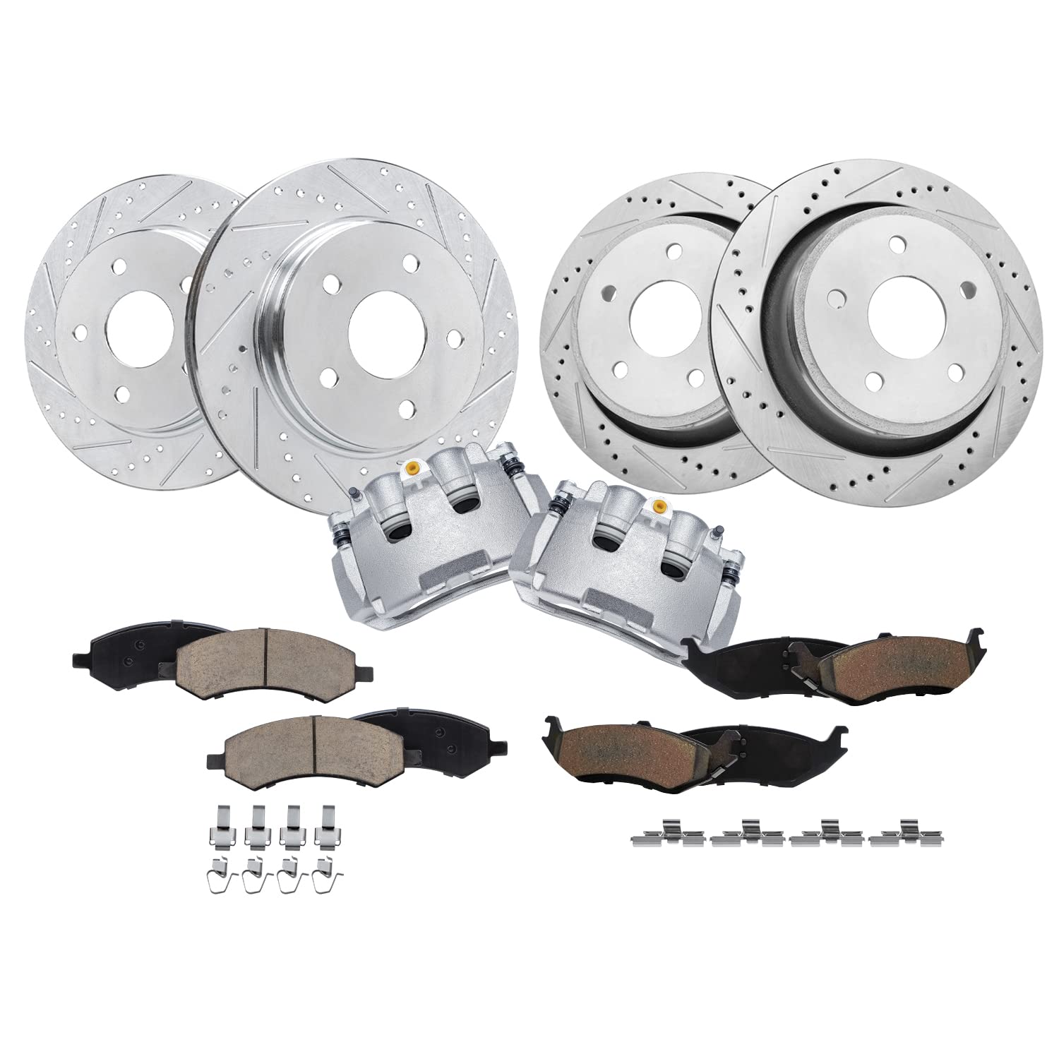 Detroit Axle - Brake Kit for 2007-2009 Chrysler Aspen Dodge Durango | 2011-2018 Ram 1500 2019-2021 1500 Classic Drilled Slotted Brake Rotors Ceramic Brake Pads Front Brake Calipers Replacement