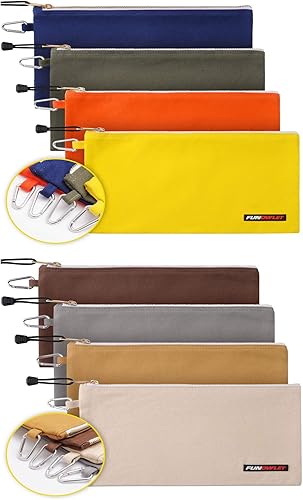 Paquete de 8 bolsas de herramientas de lona con cremallera, bolsa de herramientas resistente con mosquetón, organizador de almacenamiento multiusos