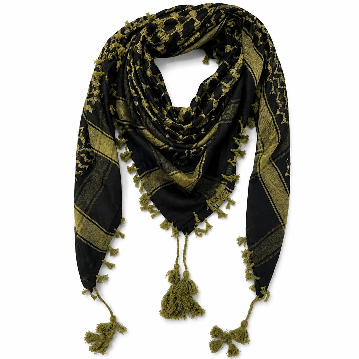 Premium Black Olive Green Keffiyeh Scarf for Men & Women | Traditional Arafat Shemagh Arab Head Scarf | Soft Cotton Blend Neck Wrap with Tassels-image-24