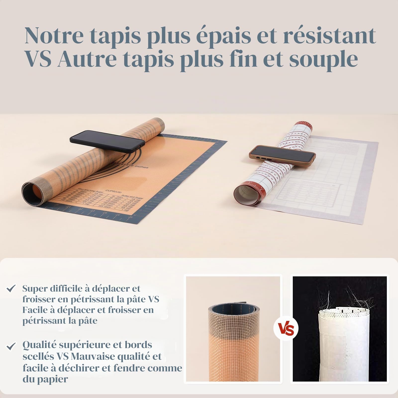Tapis à Pâtisserie en Silicone Antidérapant 71×51cm avec Grattoir à Pâte Gris