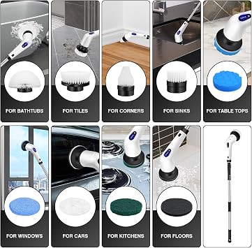Electric Spin Scrubber, Cleaning Brush Scrubber for Home, Cordless Shower Scrubber with 9 Brush Heads and Adjustable Extension Handle, 2 Adjustable Speeds for Bathroom/Kitchen/Car/Tub and Floor Tile