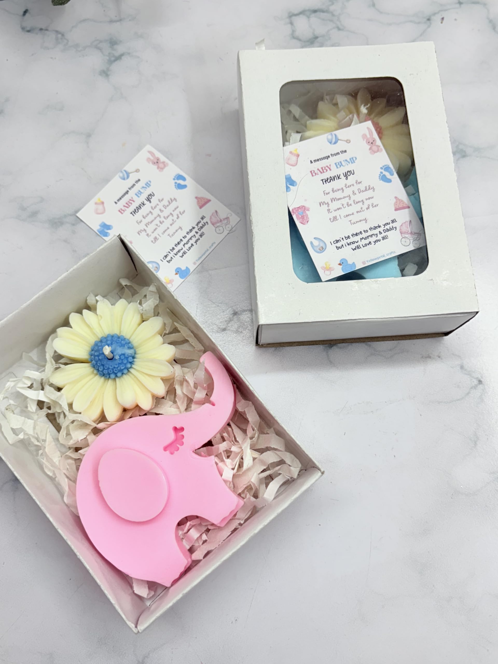 Yellow Petal®- Elephant & Daisy Gift Box,Baby Shower & Birthday Return Gift, Soap and Candle Combo, Box & Card Packing, Pink & Blue Colour, 100% Soy Scented Candles and Handmade Soap (2 Set)-image-21